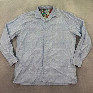 Bullock & Jones Mens XL Blue Plaid Patchwork Paisley Flip Cuff Button Up Shirt